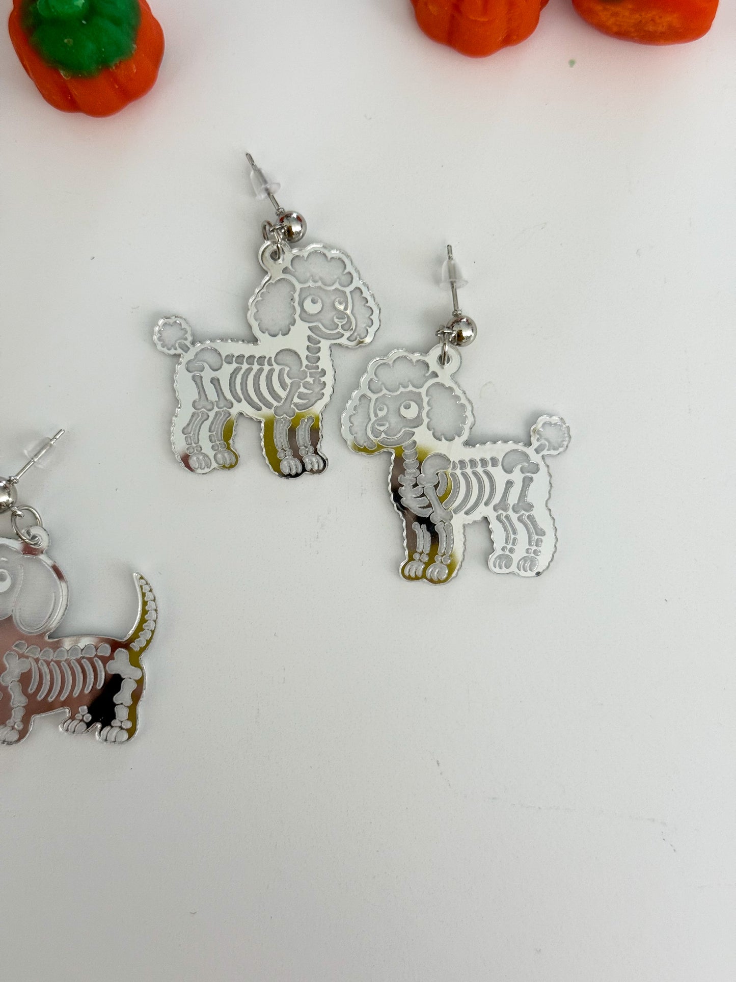 Dog Skeleton Earrings – Silver Mirrored
