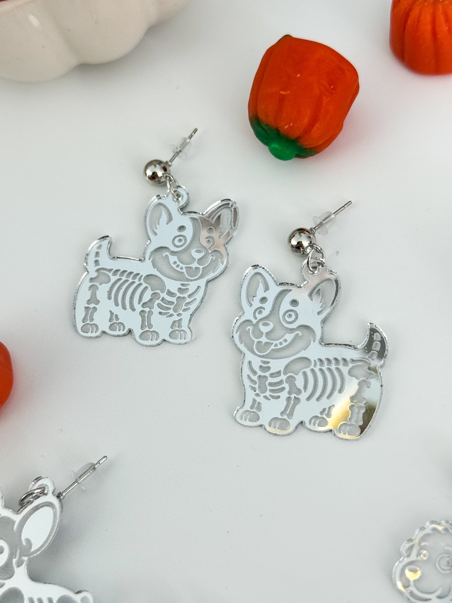 Dog Skeleton Earrings – Silver Mirrored