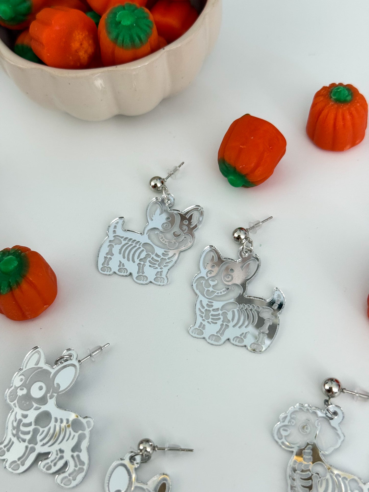 Dog Skeleton Earrings – Silver Mirrored