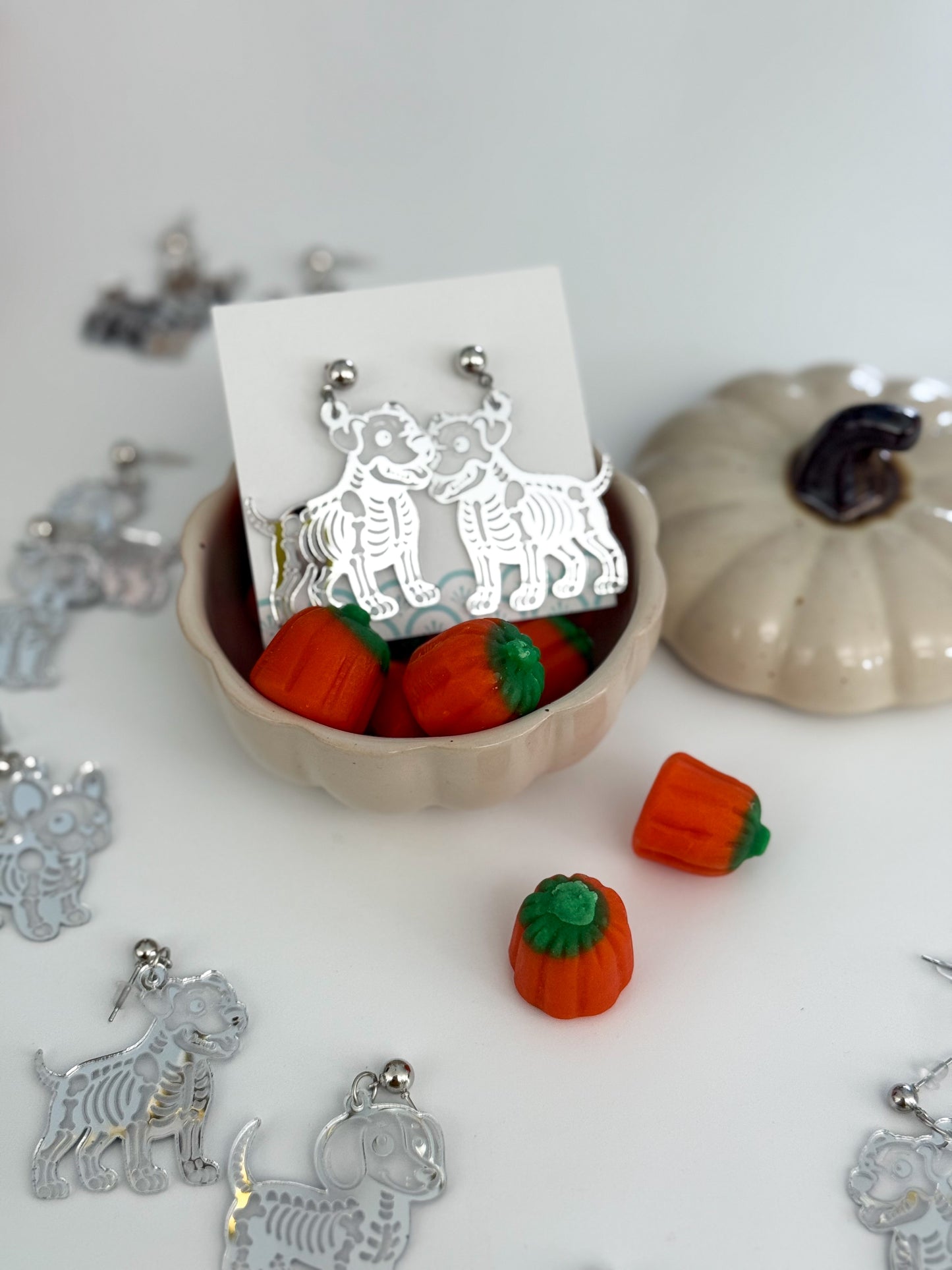 Dog Skeleton Earrings – Silver Mirrored