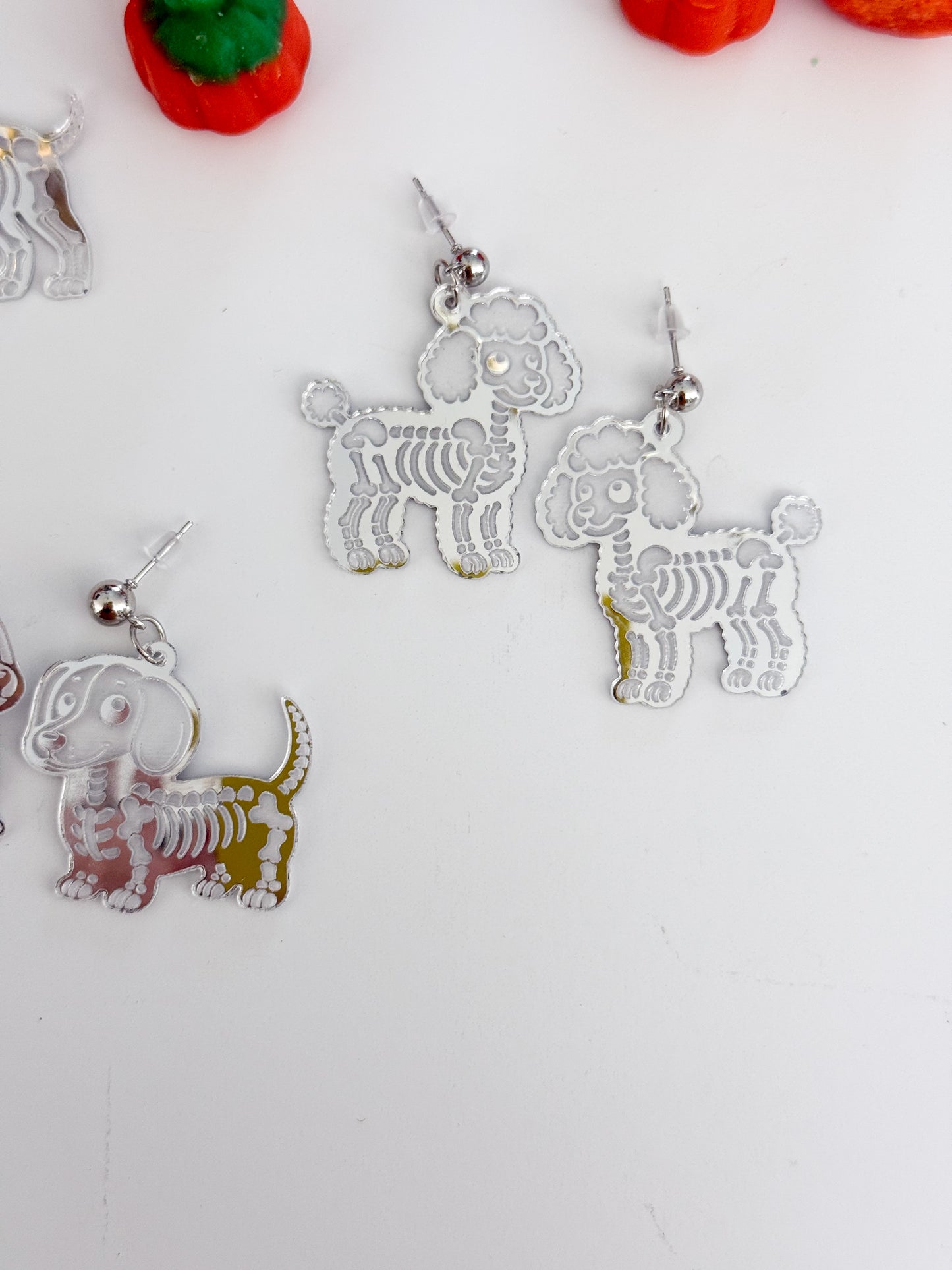 Dog Skeleton Earrings – Silver Mirrored