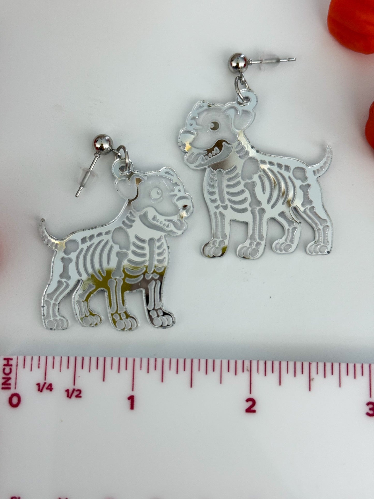 Dog Skeleton Earrings – Silver Mirrored