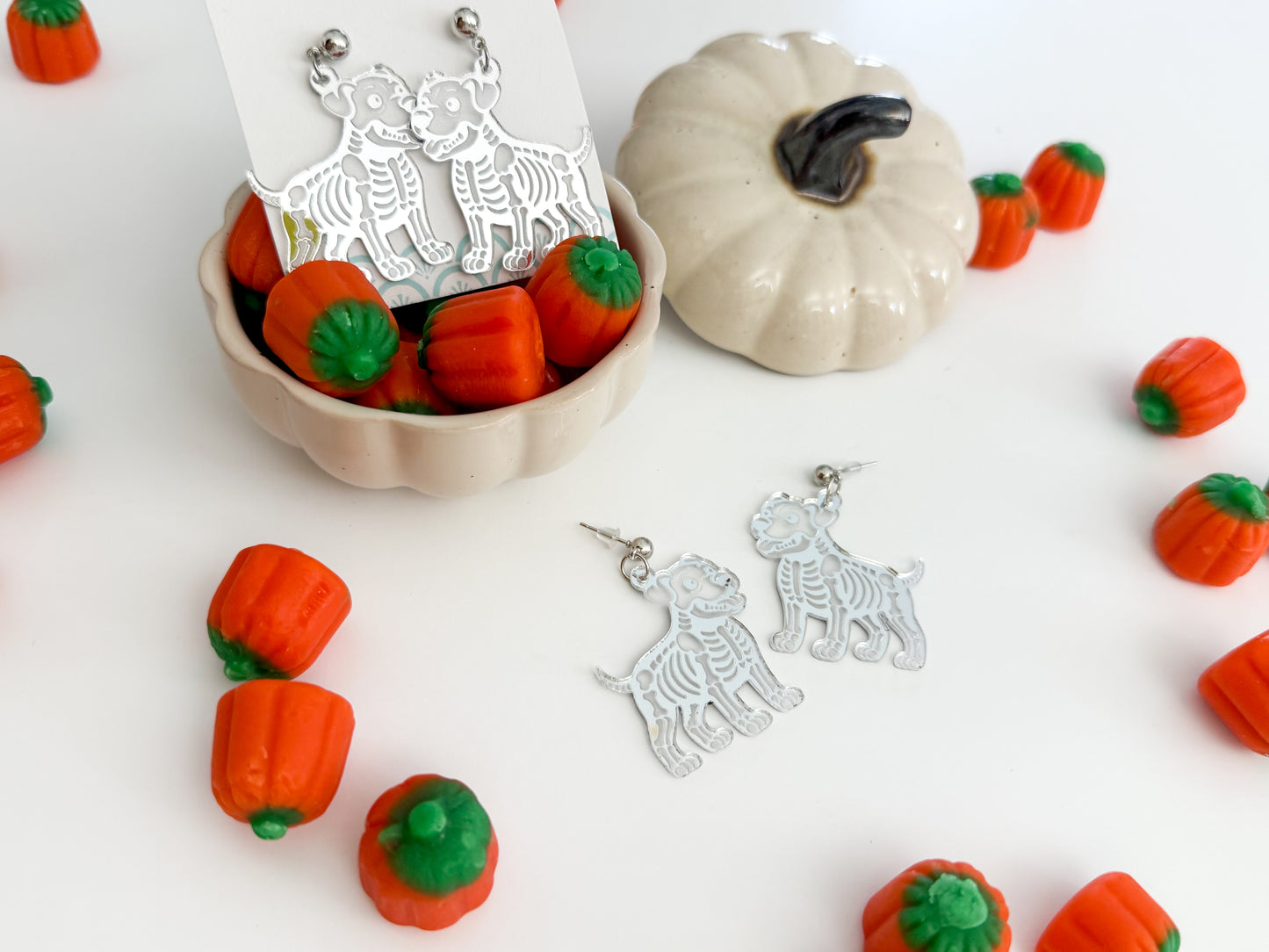 Dog Skeleton Earrings – Silver Mirrored