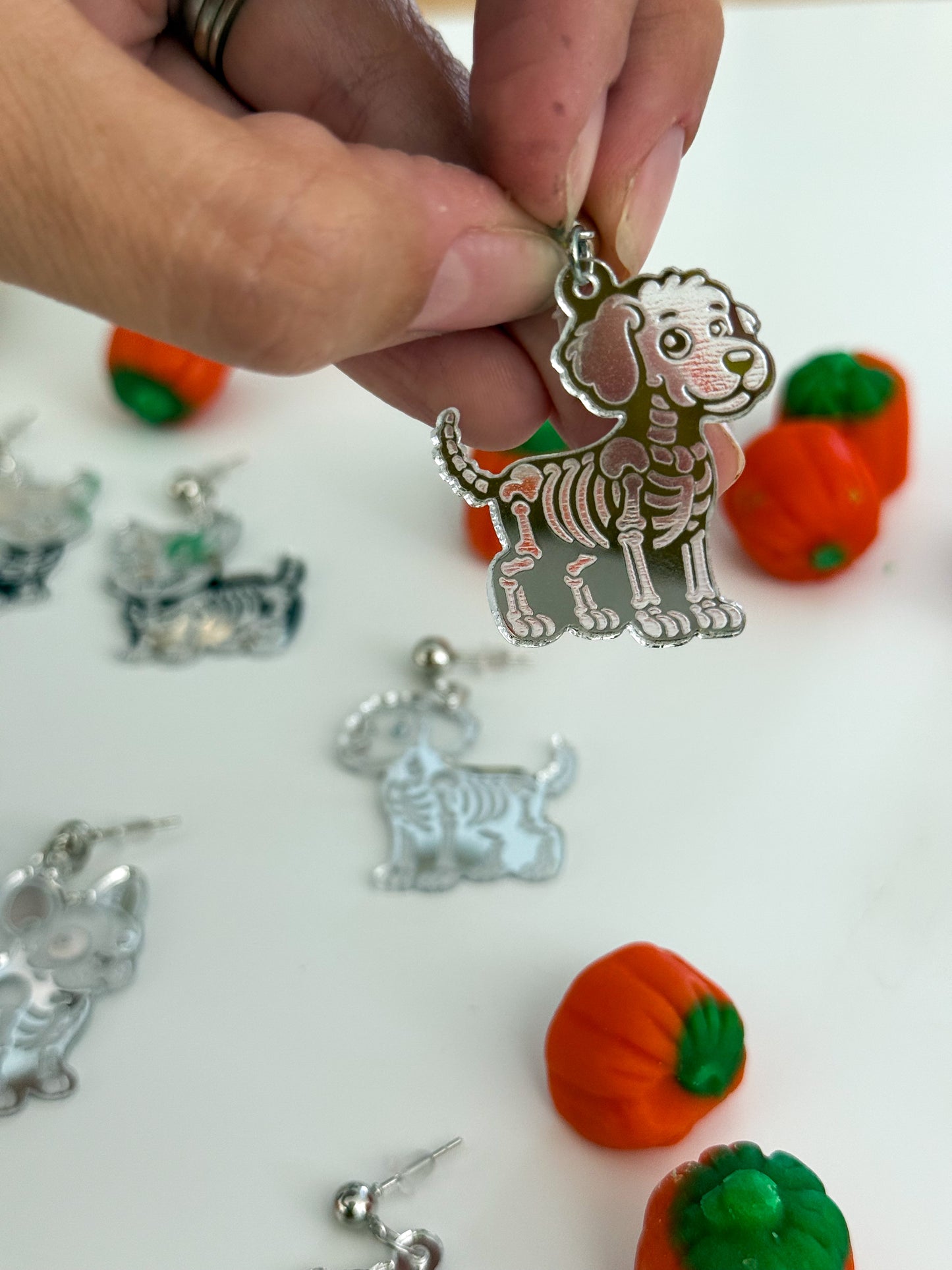 Dog Skeleton Earrings – Silver Mirrored