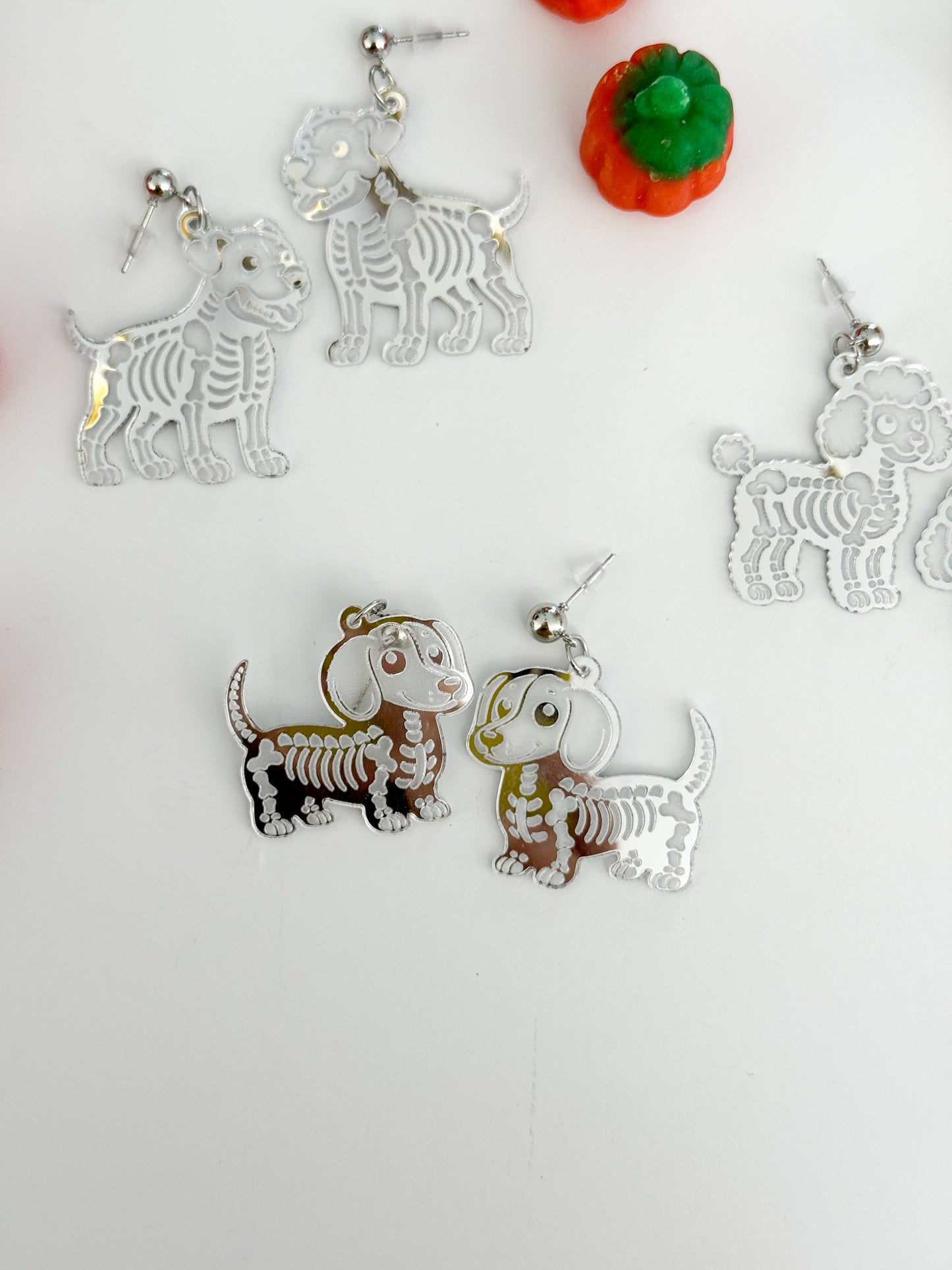 Dog Skeleton Earrings – Silver Mirrored