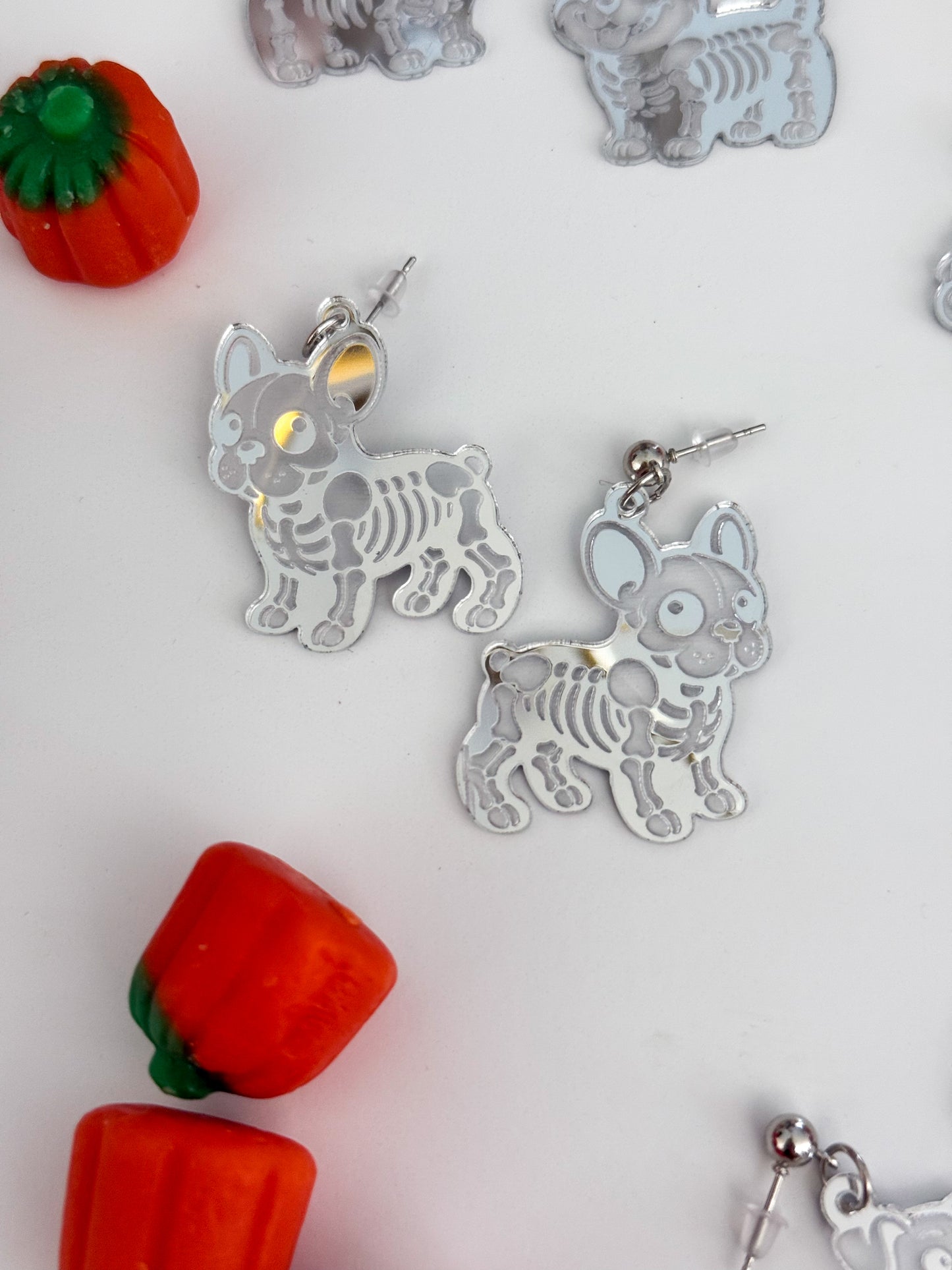 Dog Skeleton Earrings – Silver Mirrored